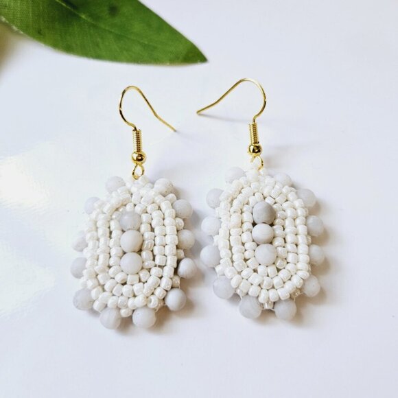 2/$27 | White Stone Shield Beaded Indigenous Hoop Earrings | Handmade - Picture 4 of 6